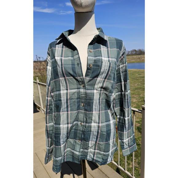 The North Face Women Long Sleeve Plaid Button Shirt Pink Green XL HIKING OUTDOOR - Picture 1 of 3